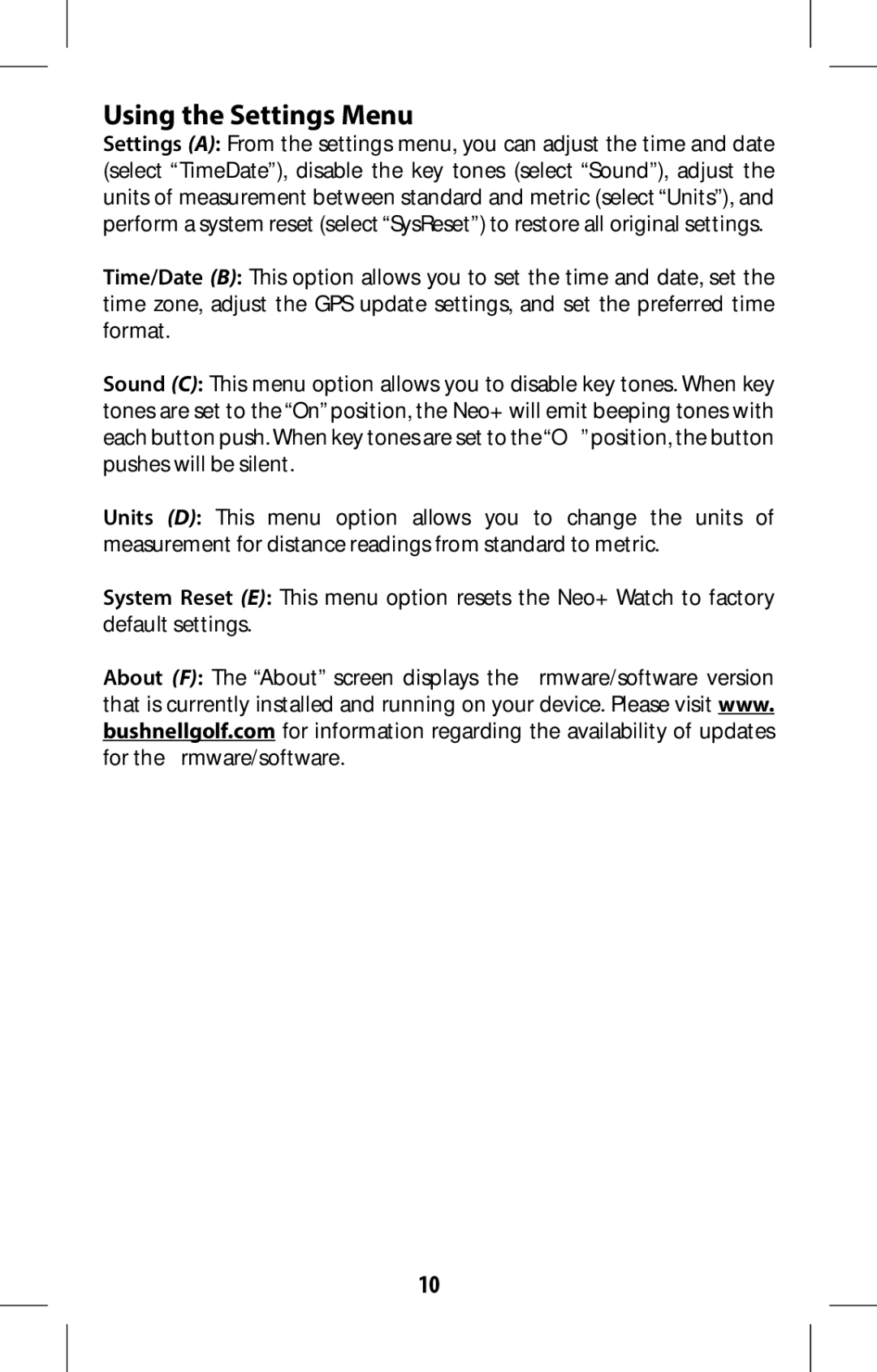 Bushnell 368315 user manual Using the Settings Menu 