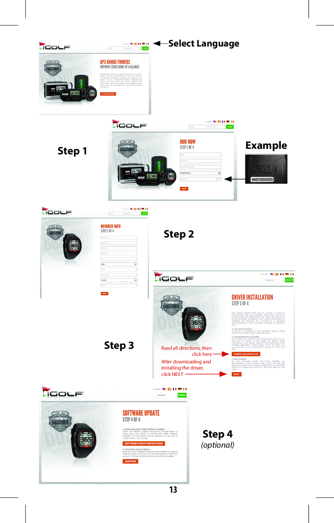 Bushnell 368315 user manual Step, Select Language, Example 