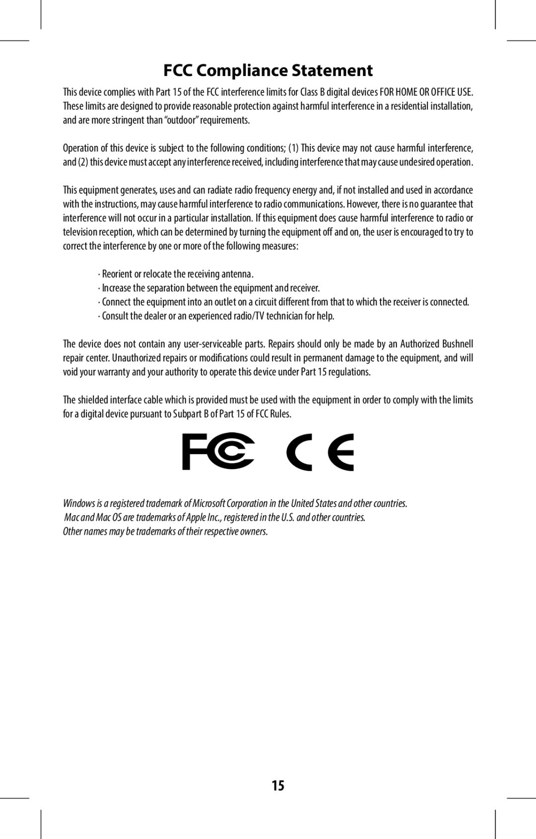 Bushnell 368315 user manual FCC Compliance Statement 