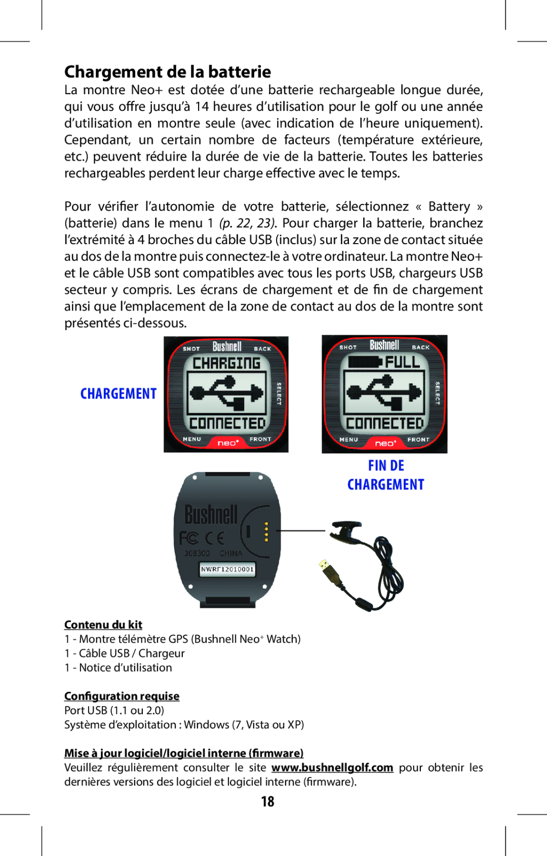 Bushnell 368315 user manual Chargement de la batterie, FIN DE Chargement 