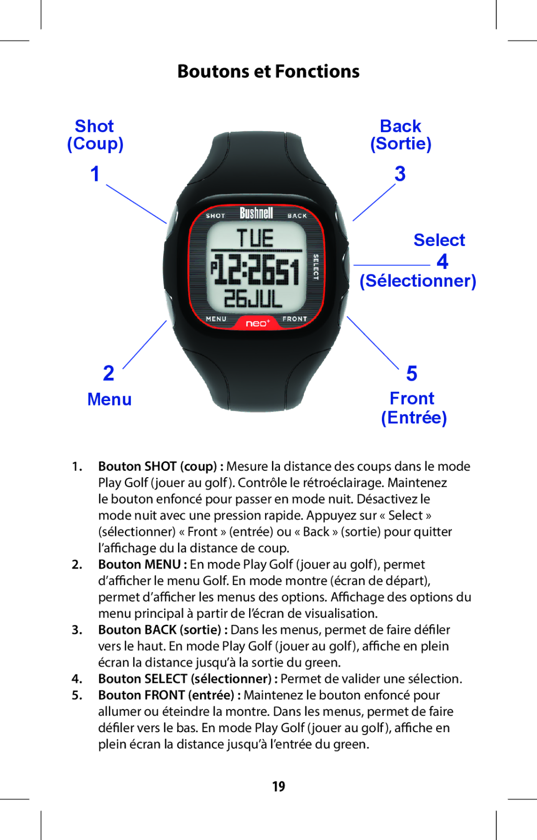 Bushnell 368315 user manual Shot Back Coup Sortie Select Sélectionner Menu Front Entrée 