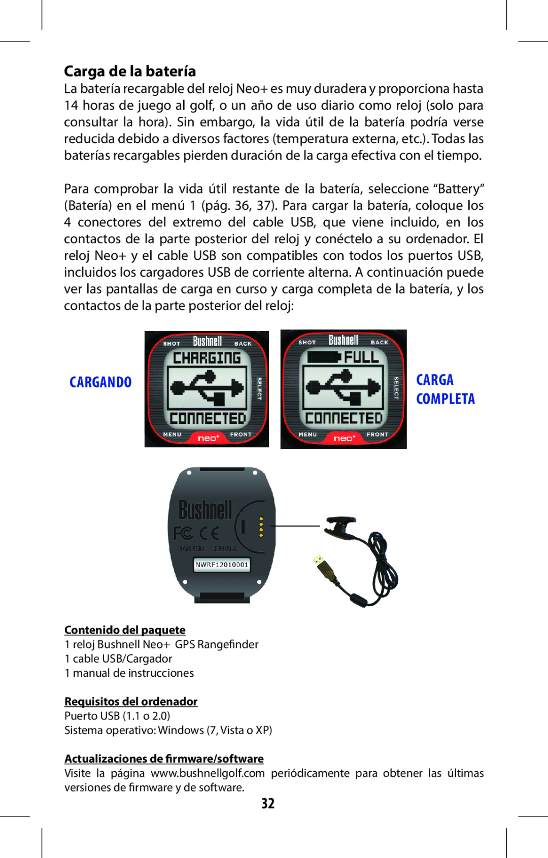 Bushnell 368315 user manual Carga de la batería, Cargando 