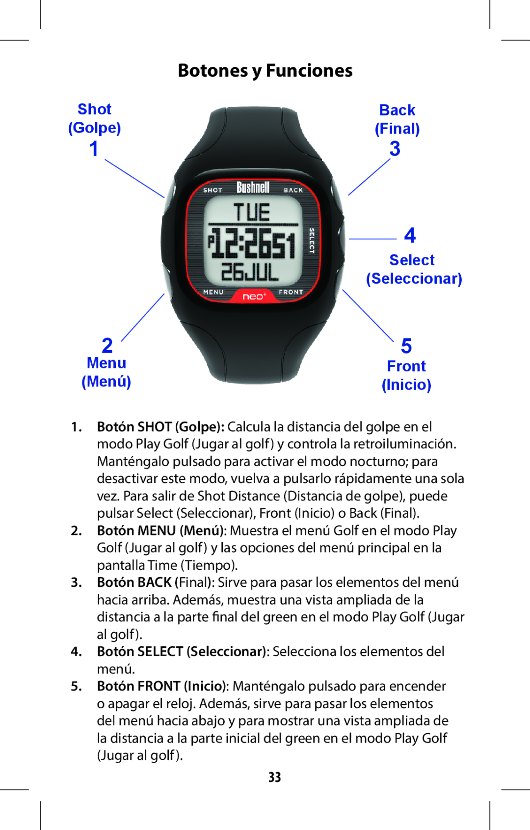 Bushnell 368315 user manual Botones y Funciones 