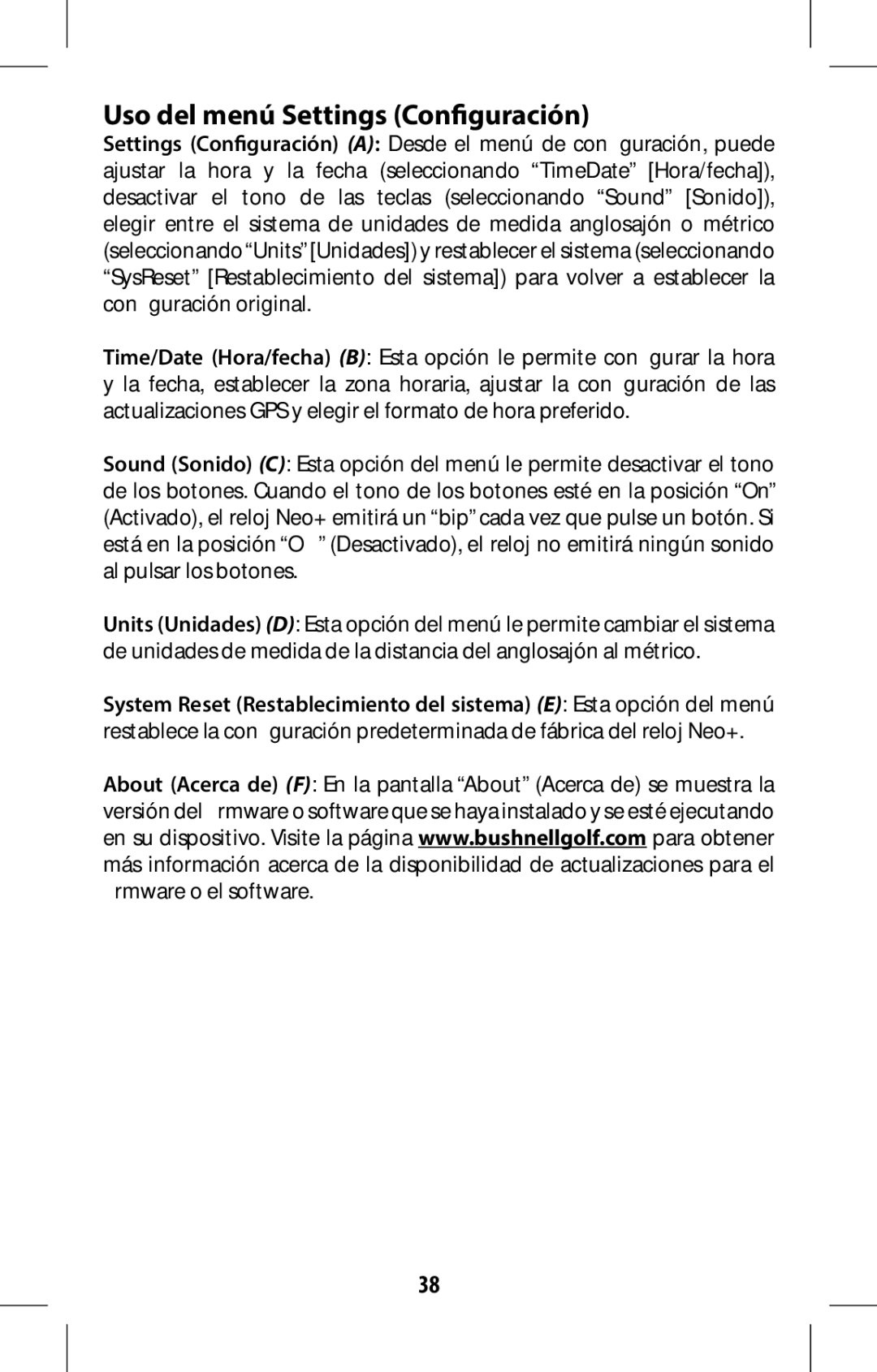 Bushnell 368315 user manual Uso del menú Settings Configuración 