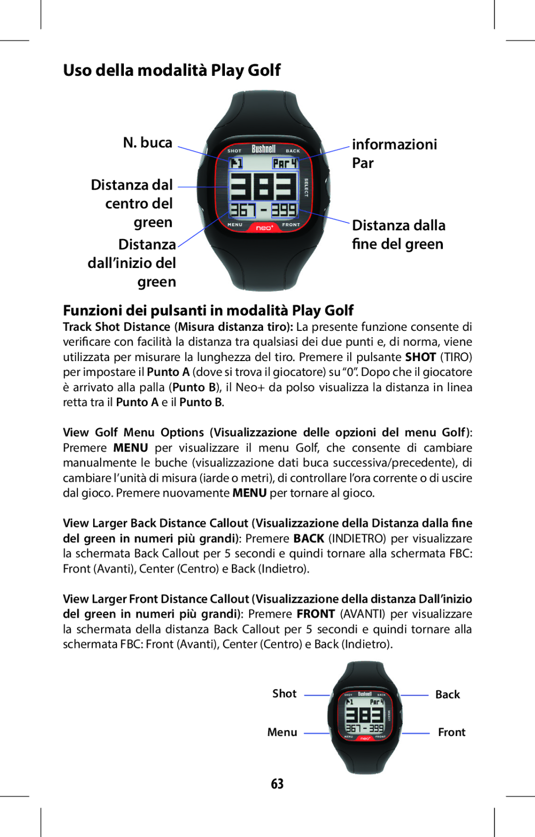 Bushnell 368315 user manual Uso della modalità Play Golf, Buca, Distanza, Green Funzioni dei pulsanti in modalità Play Golf 