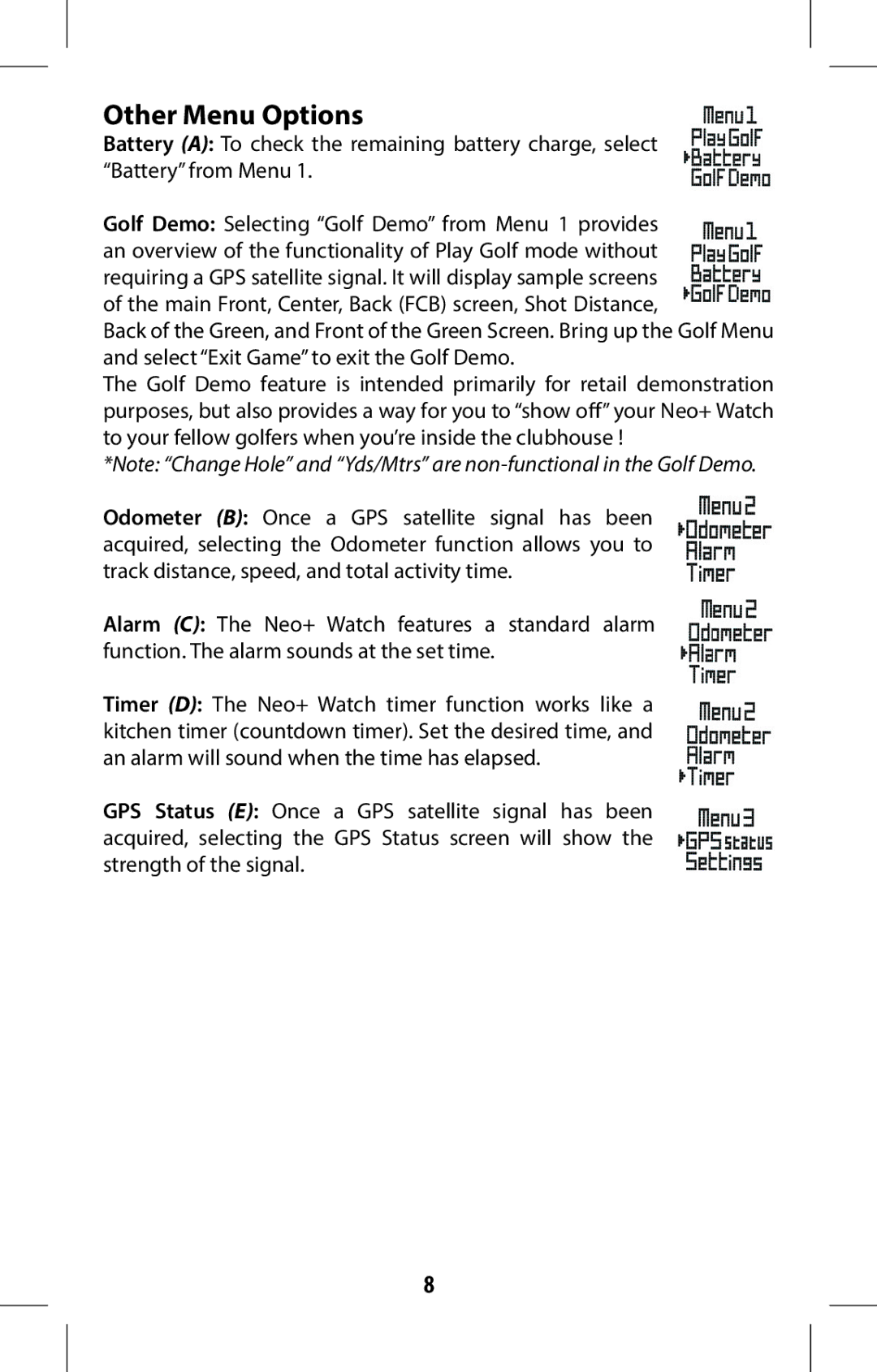 Bushnell 368315 user manual Other Menu Options 