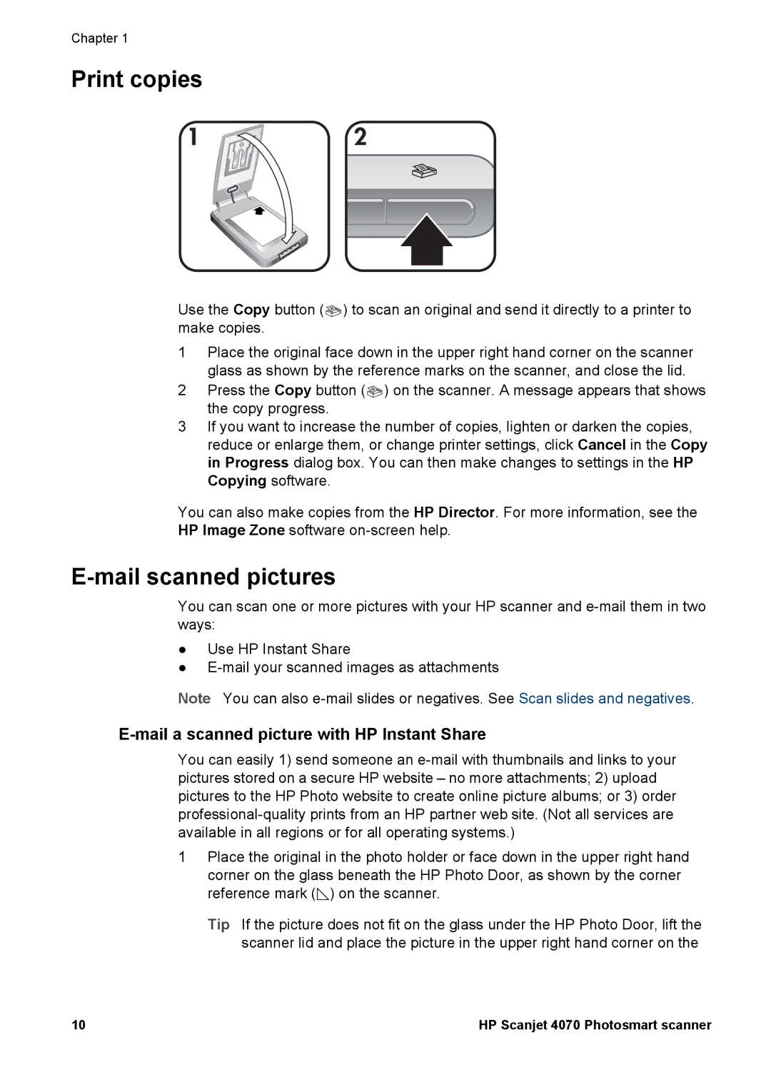 Bushnell 4070 user manual Print copies, Mail scanned pictures, Mail a scanned picture with HP Instant Share 