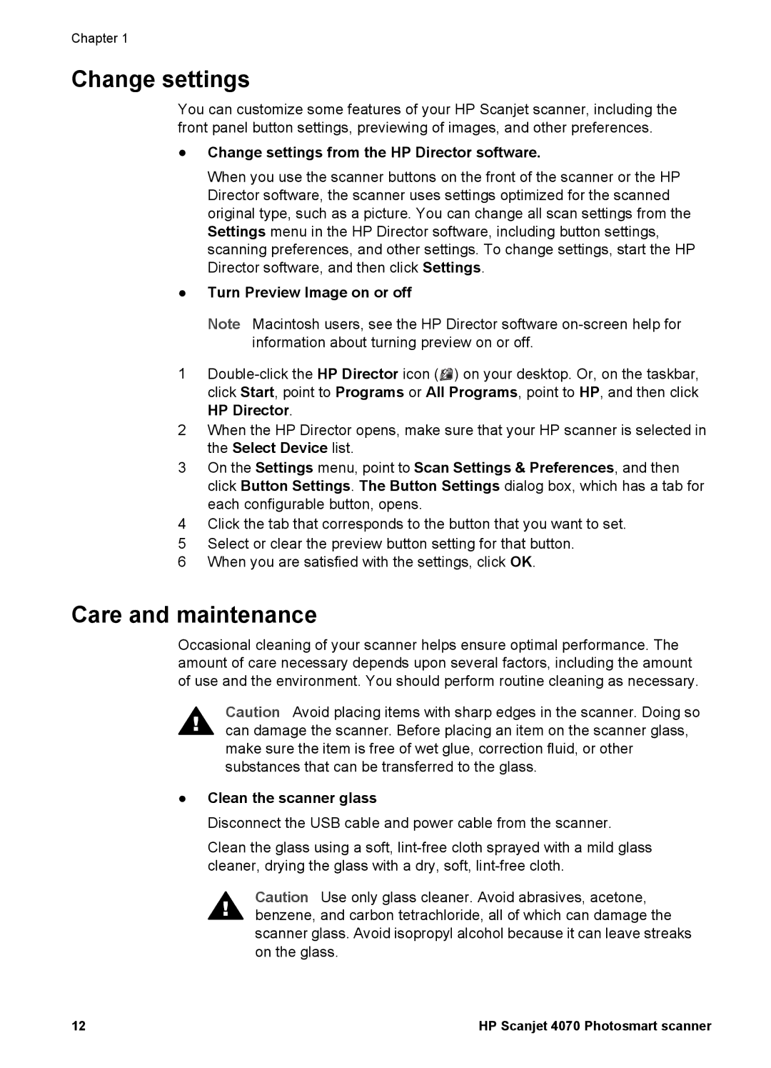 Bushnell 4070 Care and maintenance, Change settings from the HP Director software, Turn Preview Image on or off 