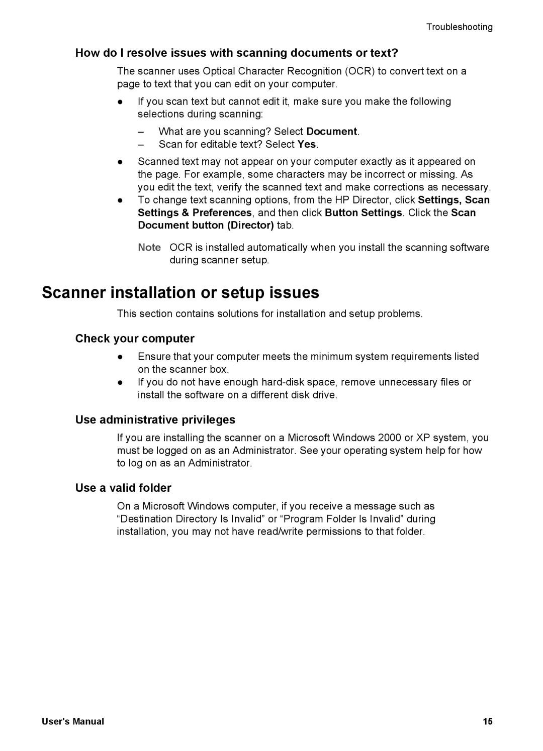 Bushnell 4070 user manual Scanner installation or setup issues, How do I resolve issues with scanning documents or text? 