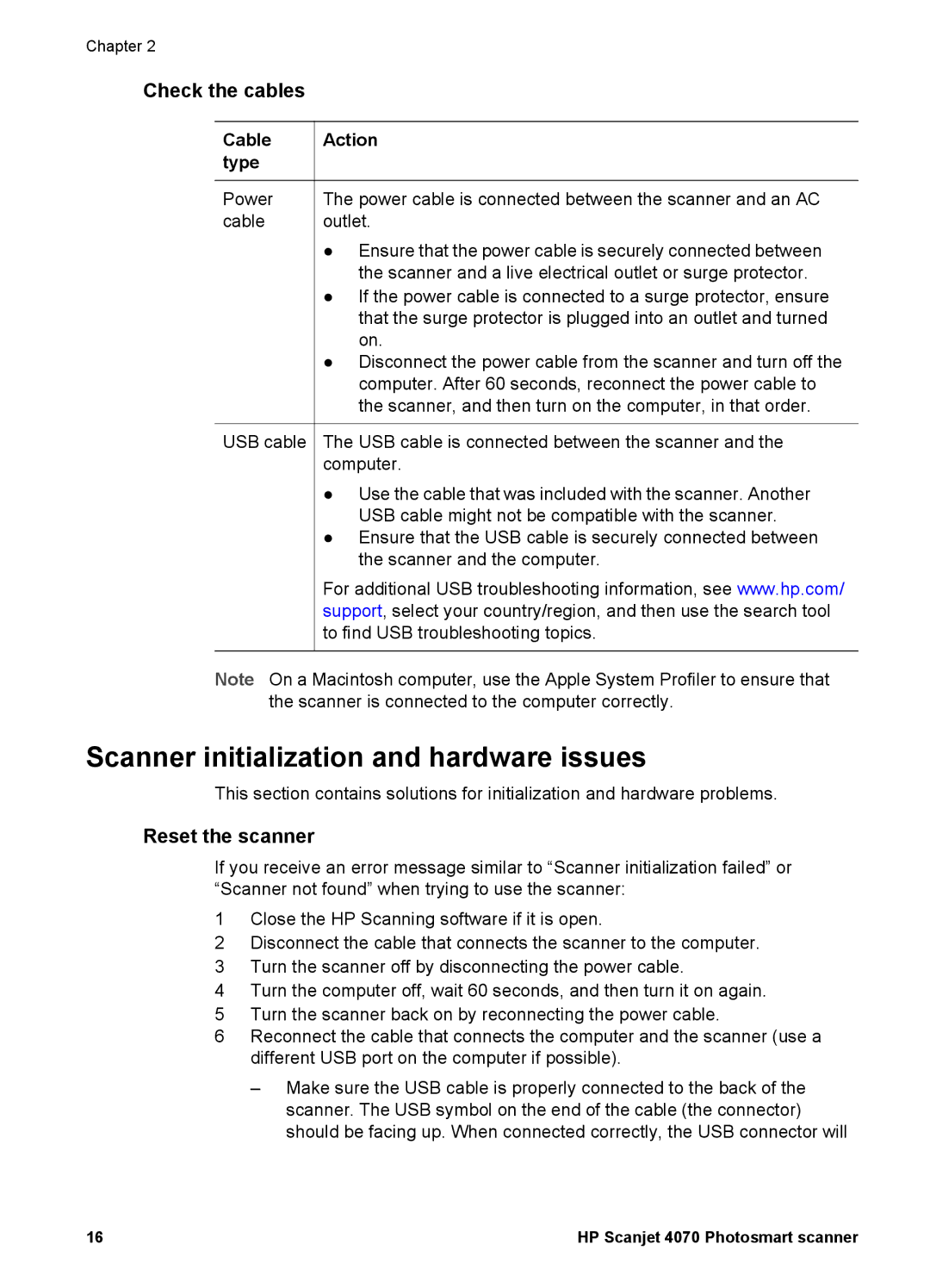 Bushnell 4070 Scanner initialization and hardware issues, Check the cables, Reset the scanner, Cable Action Type 