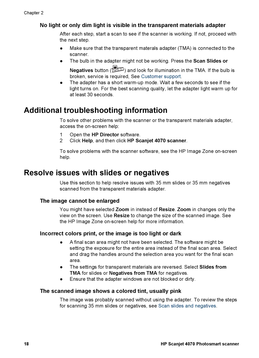 Bushnell 4070 Additional troubleshooting information, Resolve issues with slides or negatives, Image cannot be enlarged 