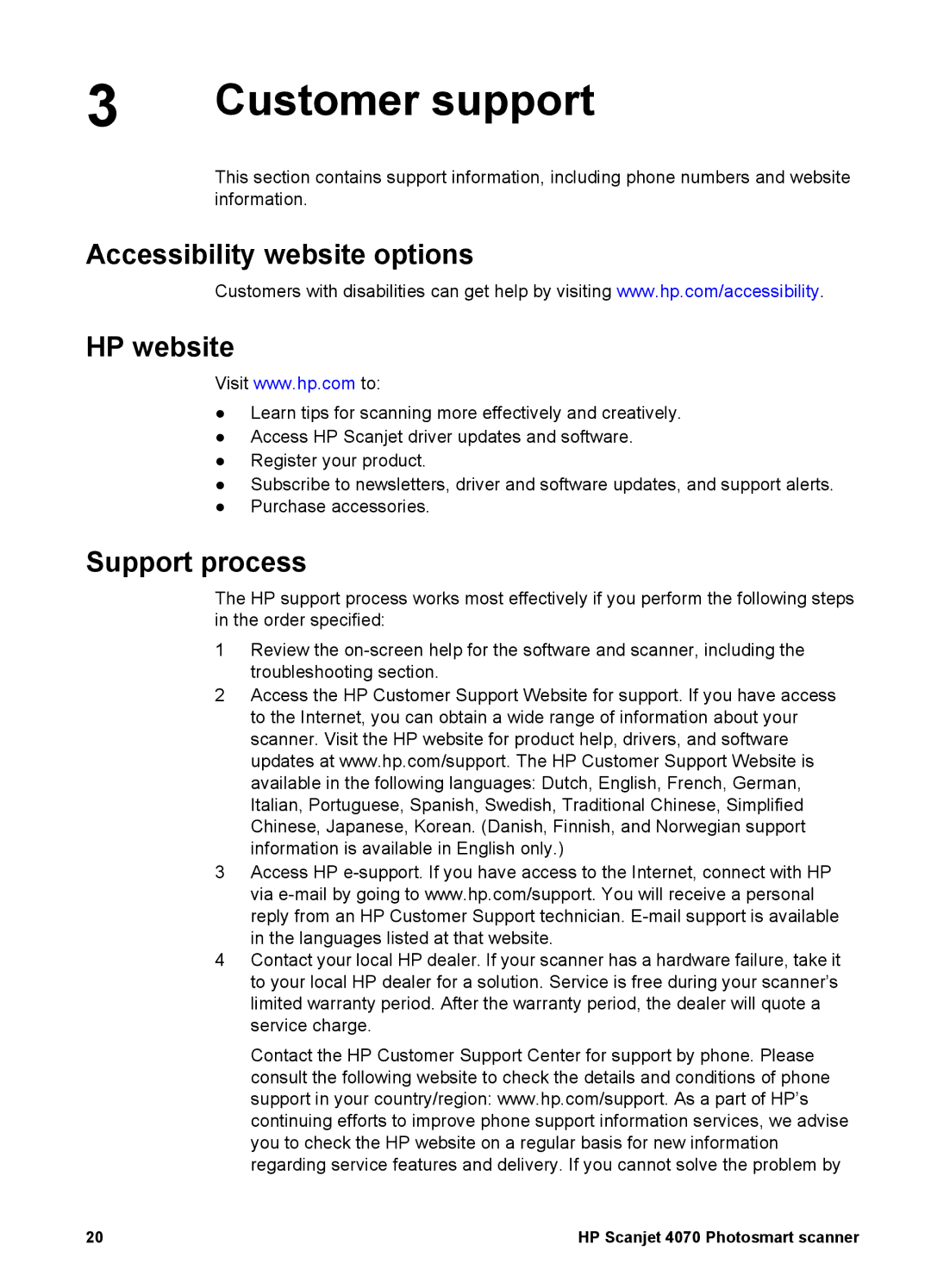 Bushnell 4070 user manual Customer support, Accessibility website options HP website, Support process 