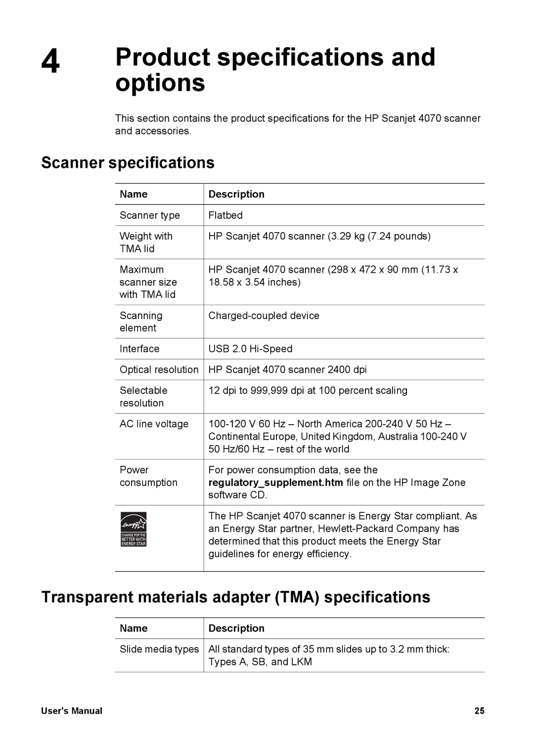 Bushnell 4070 Product specifications, Options, Scanner specifications, Transparent materials adapter TMA specifications 