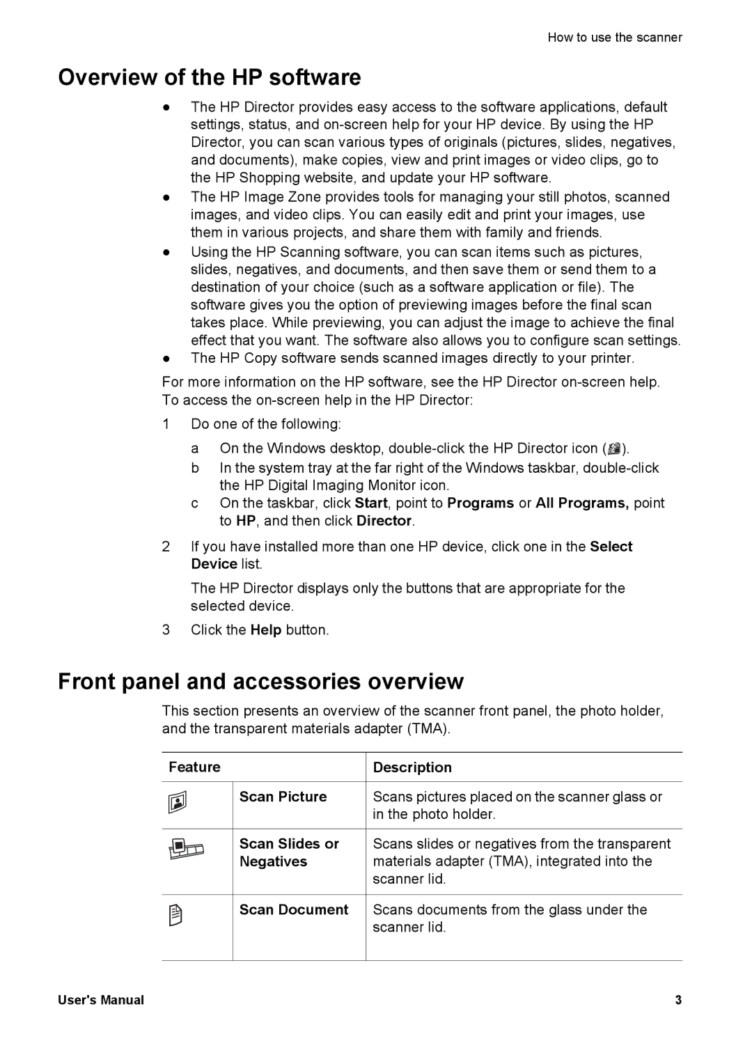 Bushnell 4070 user manual Overview of the HP software, Front panel and accessories overview, Feature Description 