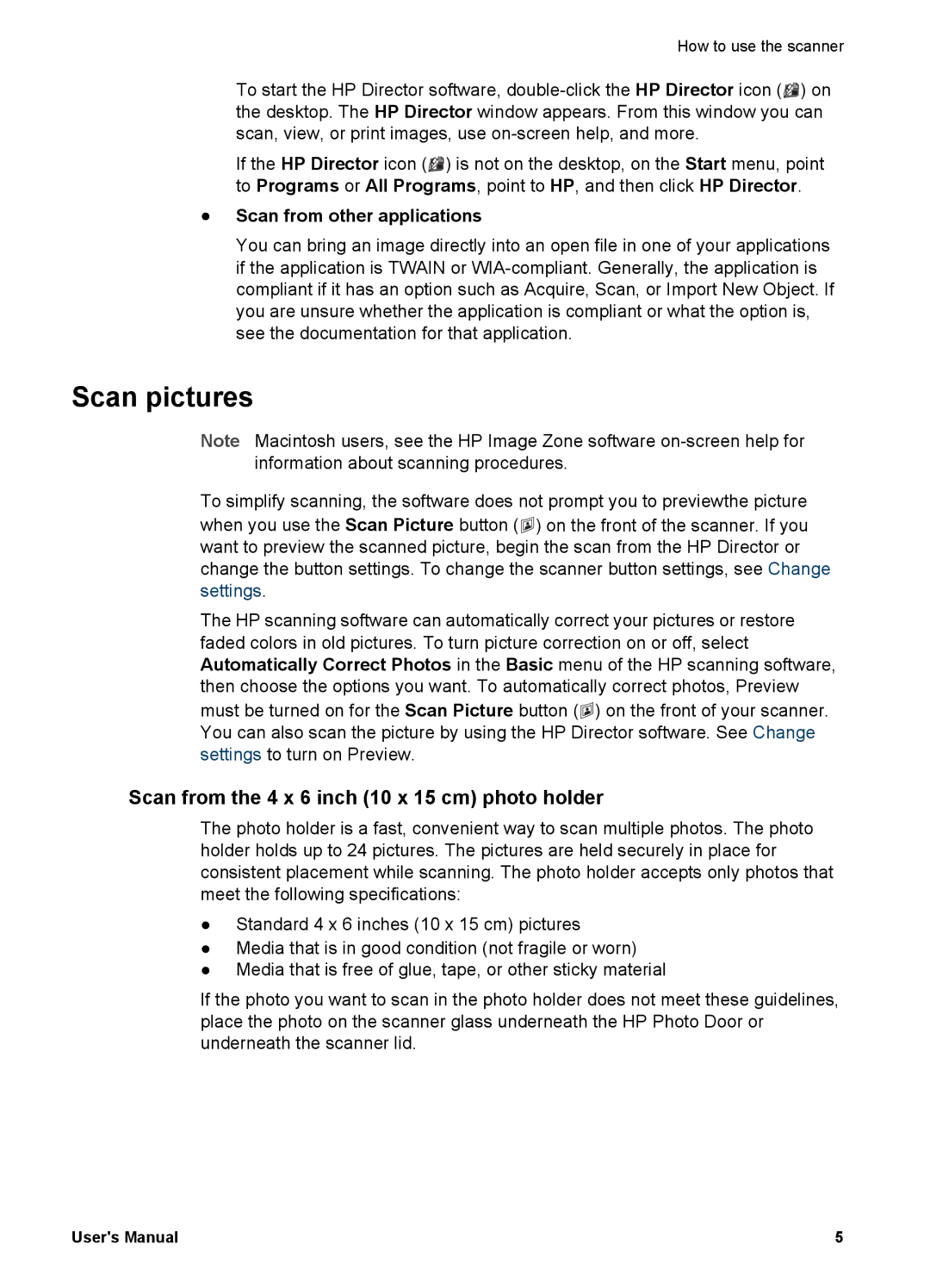 Bushnell 4070 user manual Scan pictures, Scan from the 4 x 6 inch 10 x 15 cm photo holder, Scan from other applications 