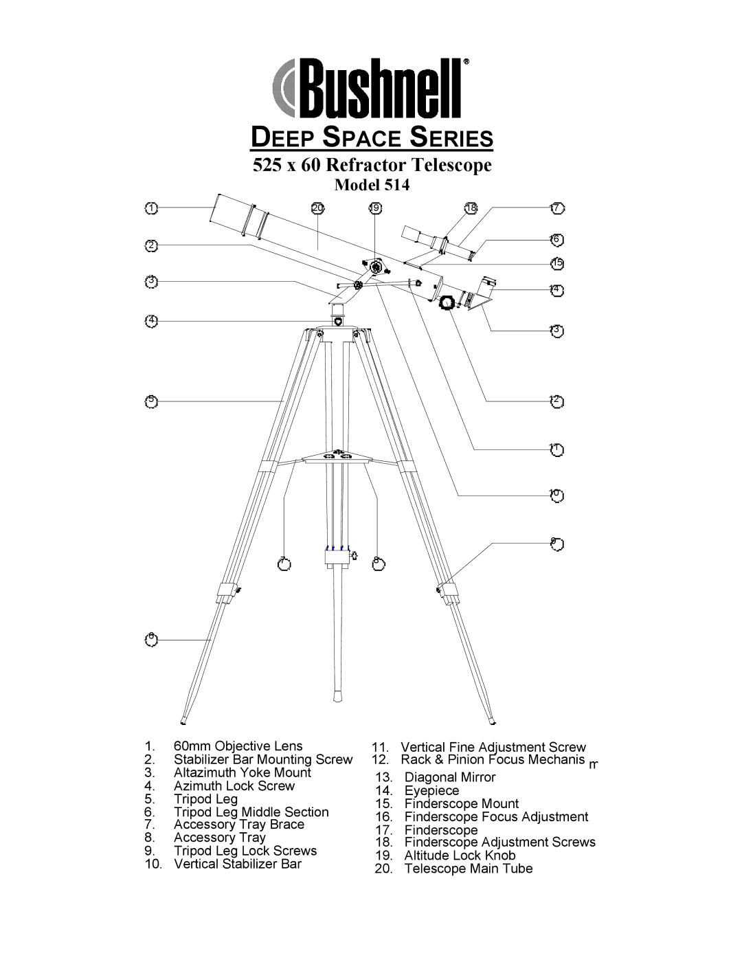 Bushnell 514 manual Deep Space Series, 525 x 60 Refractor Telescope 