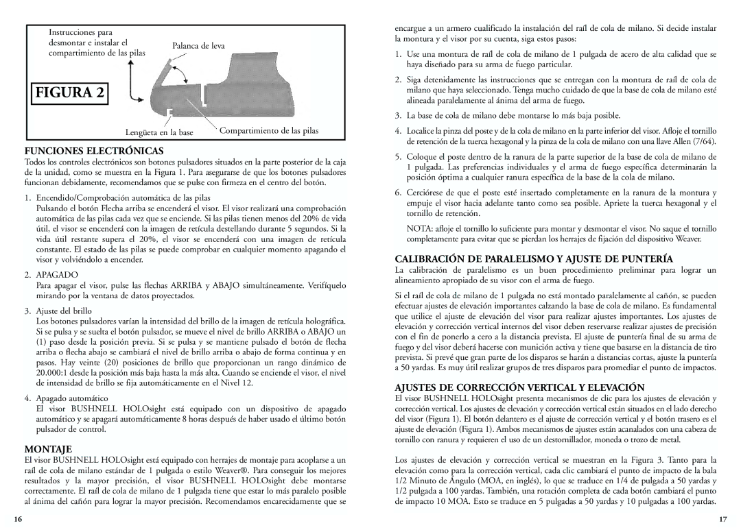 Bushnell 52-0021 Funciones Electrónicas, Montaje, Calibración DE Paralelismo Y Ajuste DE Puntería, Lengüeta en la base 