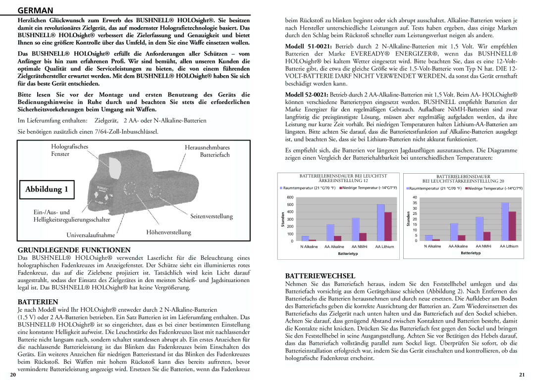 Bushnell 52-0021, 51-0021 German, Grundlegende Funktionen, Batterien, Batteriewechsel, Fenster Batteriefach 