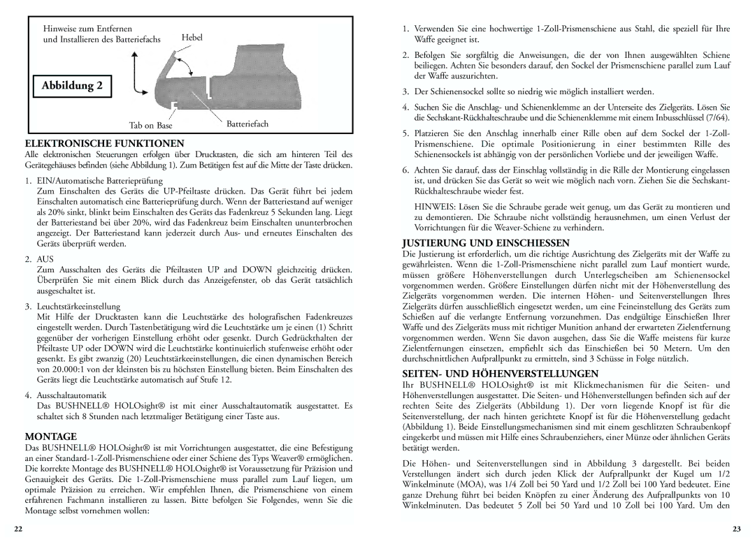 Bushnell 51-0021, 52-0021 Elektronische Funktionen, Justierung UND Einschiessen, SEITEN- UND Höhenverstellungen 