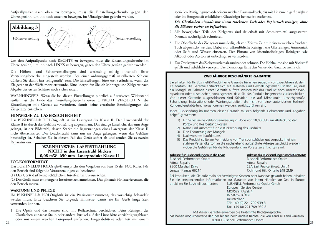 Bushnell 52-0021, 51-0021 Hinweise ZU Lasersicherheit, Warnhinweis Laserstrahlung, Fcc-Konformität, Wartung UND Pflege 