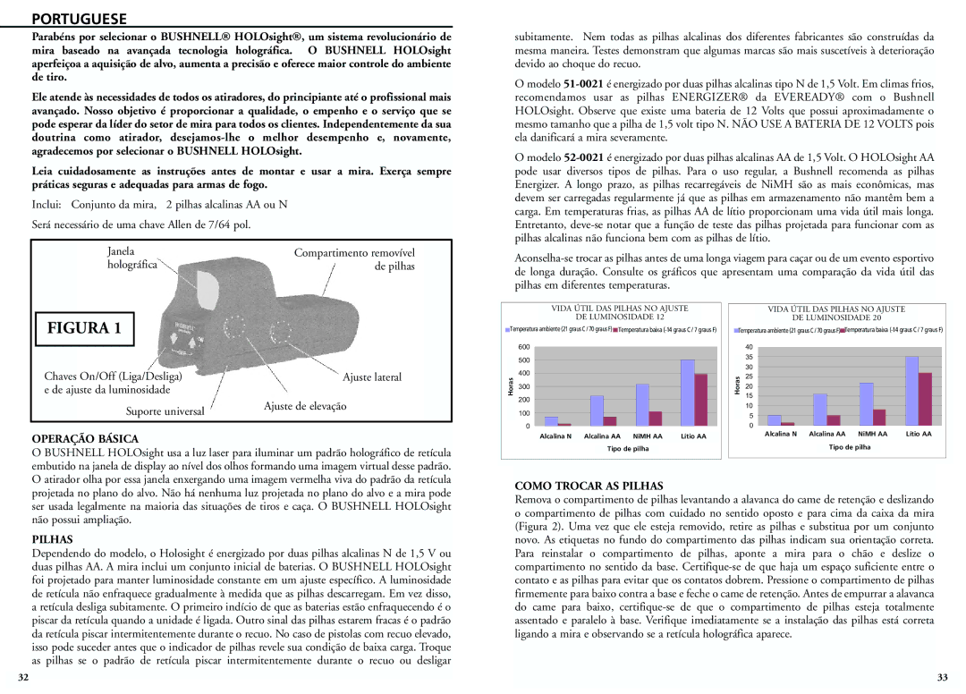 Bushnell 52-0021, 51-0021 Portuguese, Chaves On/Off Liga/Desliga, Operação Básica, Como Trocar AS Pilhas 