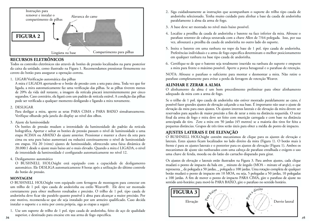 Bushnell 51-0021, 52-0021 Recursos Eletrônicos, Alinhar E Zerar a Alma, Ajustes Laterais E DE Elevação, Montagem 