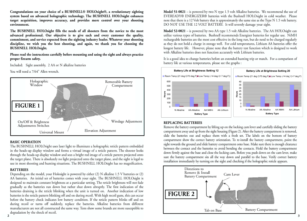 Bushnell 51-0021, 52-0021 instruction manual Basic Operation, Replacing Batteries 