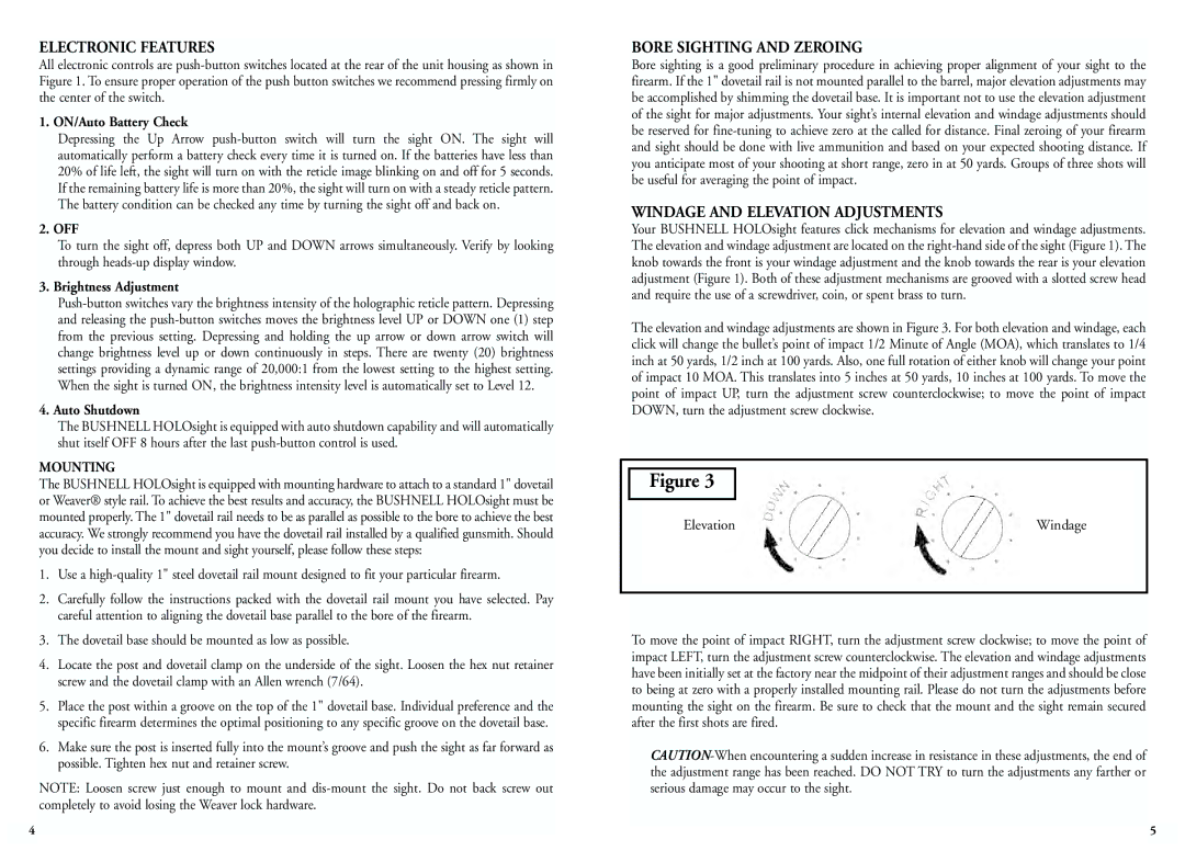 Bushnell 52-0021, 51-0021 Electronic Features, Bore Sighting and Zeroing, Windage and Elevation Adjustments, Mounting 