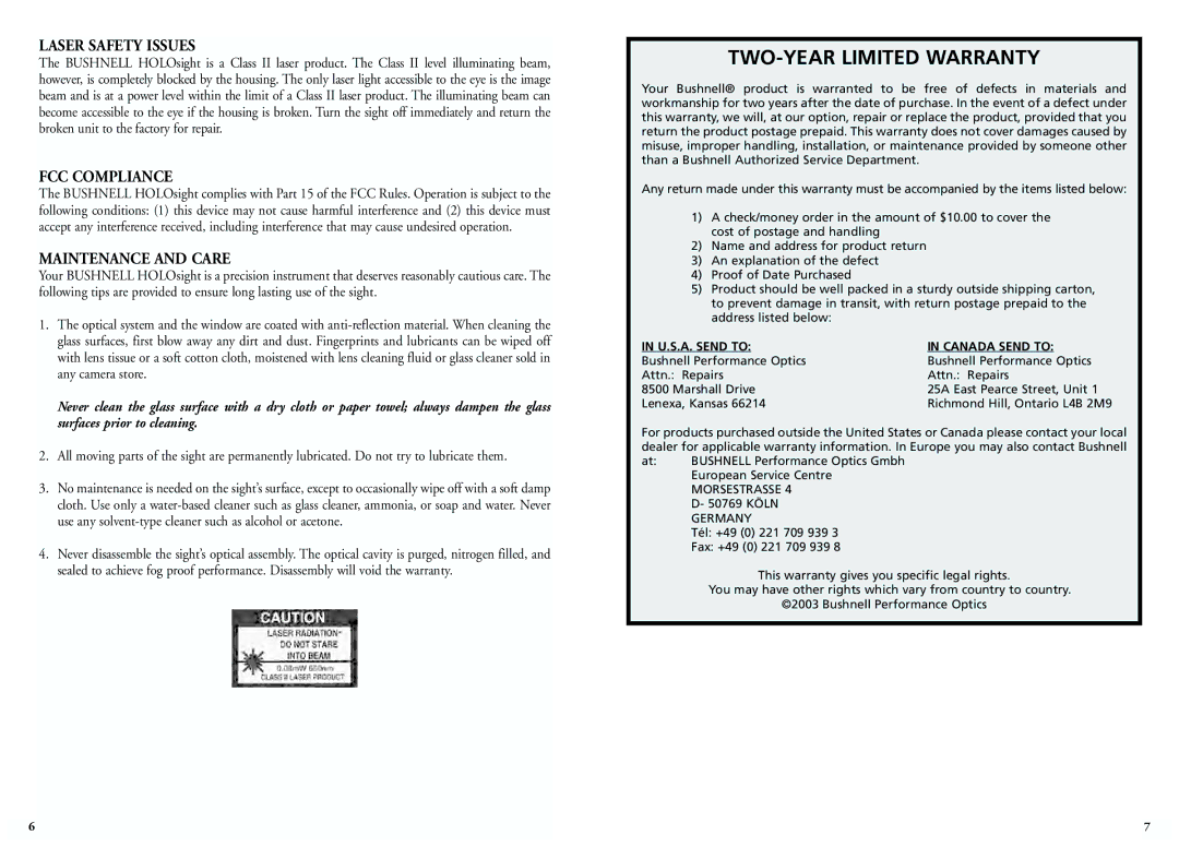 Bushnell 51-0021, 52-0021 Laser Safety Issues, FCC Compliance, Maintenance and Care, U.S.A. Send to Canada Send to 