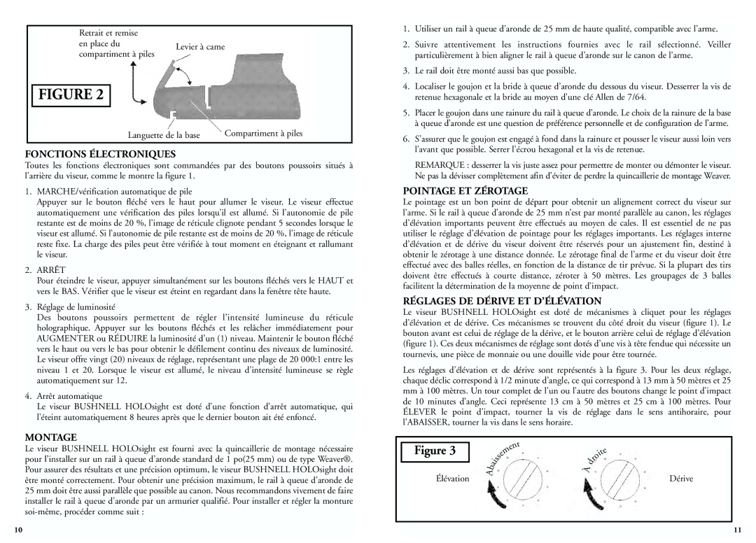 Bushnell 51-0021, 52-0021 Fonctions Électroniques, Montage, Pointage ET Zérotage, Réglages DE Dérive ET D’ÉLÉVATION 
