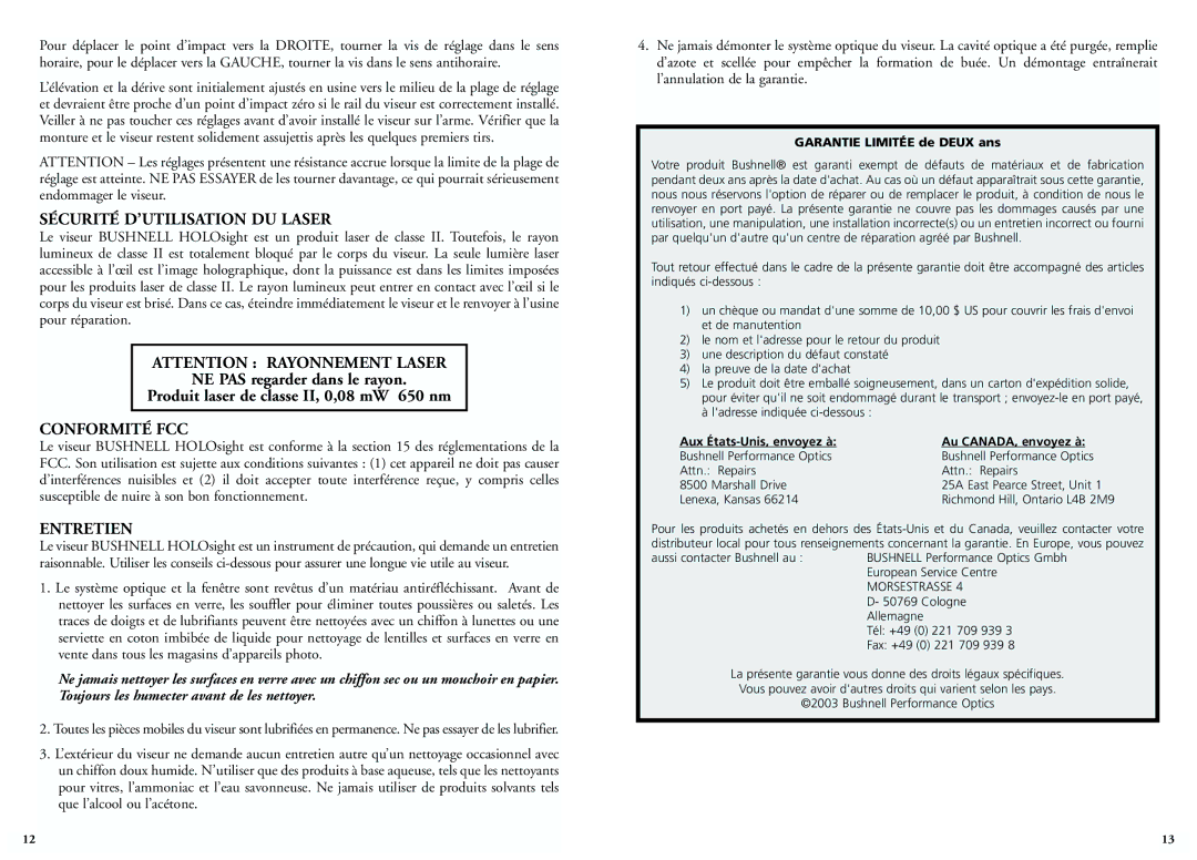 Bushnell 52-0021, 51-0021 Sécurité D’UTILISATION DU Laser, Conformité FCC, Entretien, Garantie Limitée de Deux ans 