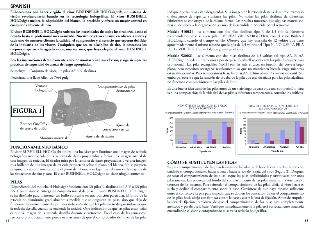 Bushnell 51-0021, 52-0021 Spanish, Funcionamiento Básico, Cómo SE Sustituyen LAS Pilas, Holográfica Desmontable 