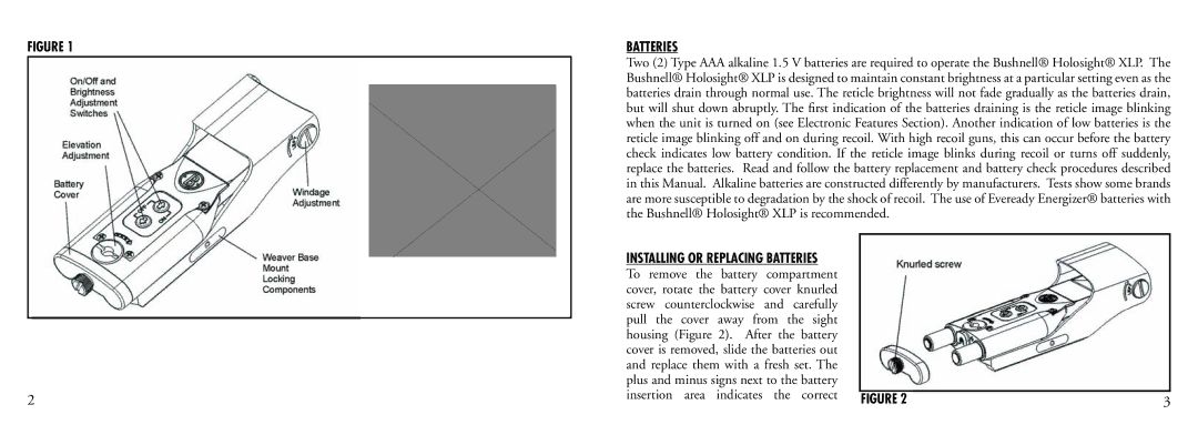 Bushnell 53-0021 instruction manual Batteries, Insertion area indicates the correct 