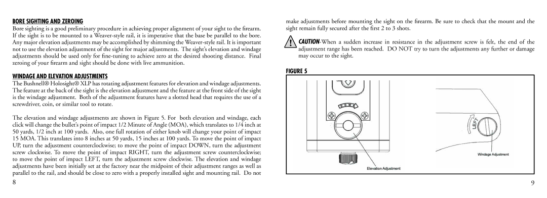 Bushnell 53-0021 instruction manual Bore Sighting and Zeroing, Windage and Elevation Adjustments 