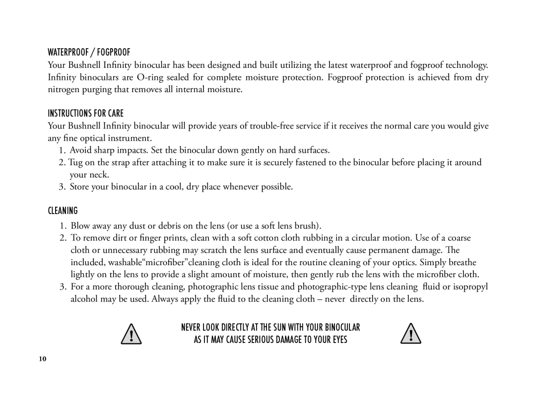 Bushnell 6LIM manual Waterproof / Fogproof, Instructions for Care, Cleaning 