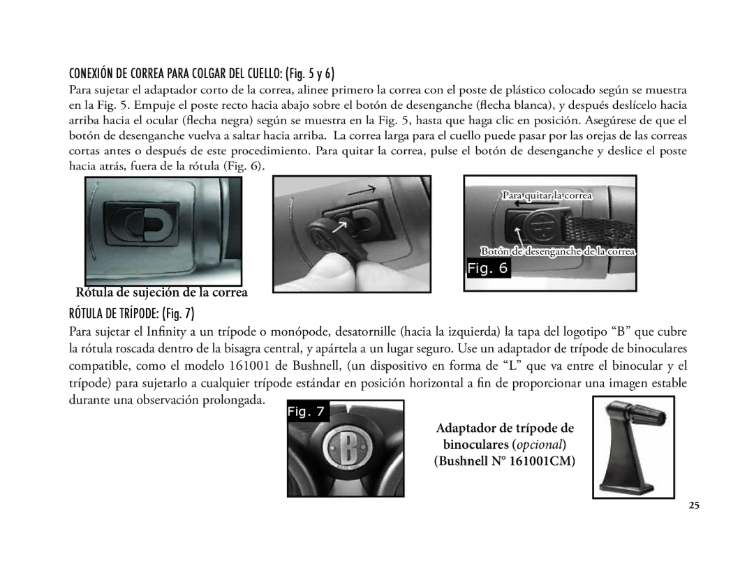 Bushnell 6LIM manual Conexión DE Correa Para Colgar DEL Cuello y, Rótula DE Trípode Fig 