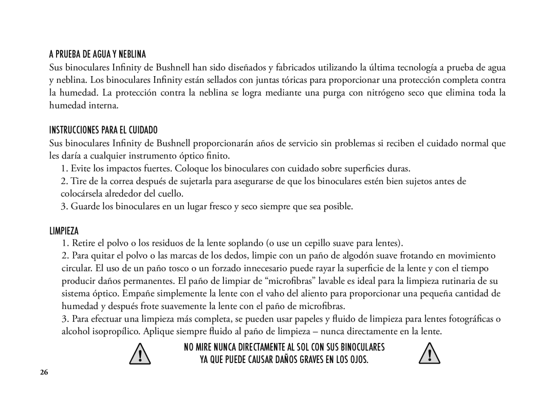 Bushnell 6LIM manual Prueba DE Agua Y Neblina, Instrucciones Para EL Cuidado, Limpieza 