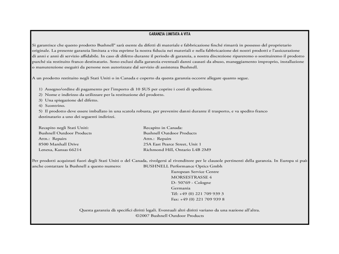 Bushnell 6LIM manual Garanzia Limitata a Vita 