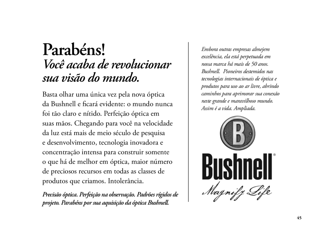 Bushnell 6LIM manual Parabéns 