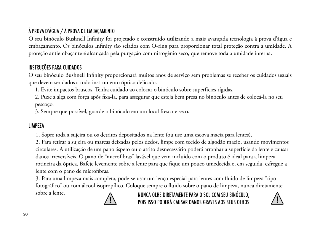 Bushnell 6LIM manual Prova d’água / à prova de embaçamento, Instruções Para Cuidados, Limpeza 