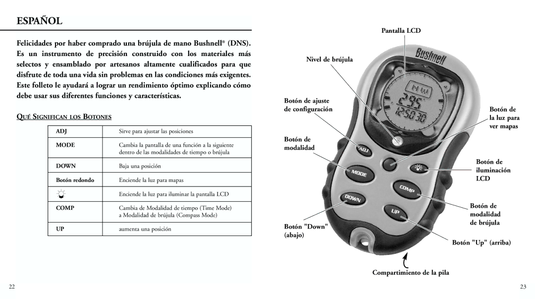 Bushnell 70-0001 instruction manual Botón Up arriba Compartimiento de la pila, QUÉ Significan LOS Botones ADJ 