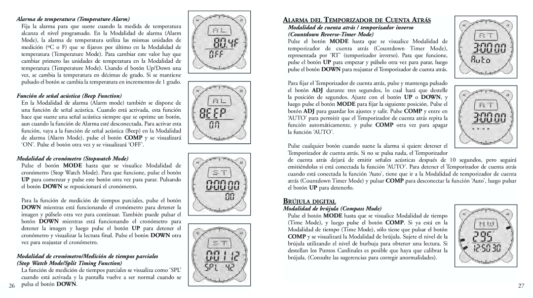 Bushnell 70-0001 instruction manual Alarma de temperatura Temperature Alarm, Función de señal acústica Beep Function 