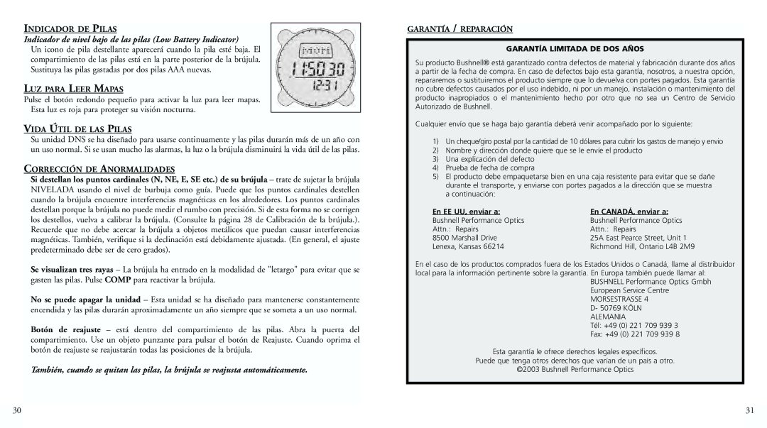 Bushnell 70-0001 instruction manual Indicador de nivel bajo de las pilas Low Battery Indicator 