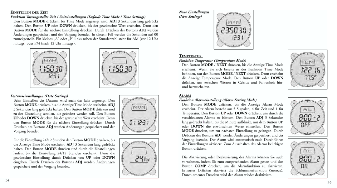 Bushnell 70-0001 Datumseinstellungen Date Settings, Neue Einstellungen New Settings, Funktion Temperatur Temperature Mode 