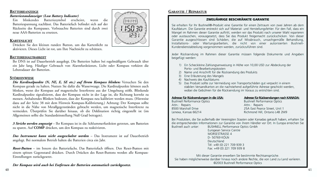 Bushnell 70-0001 instruction manual Batteriestandanzeiger Low Battery Indicator, Zweijährige Beschränkte Garantie 