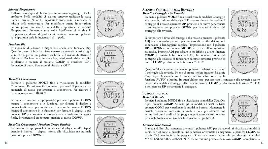 Bushnell 70-0001 Allarme Temperatura, Funzione Bip, Modalità Cronometro / Funzione Tempo Parziale, Modalità Bussola 