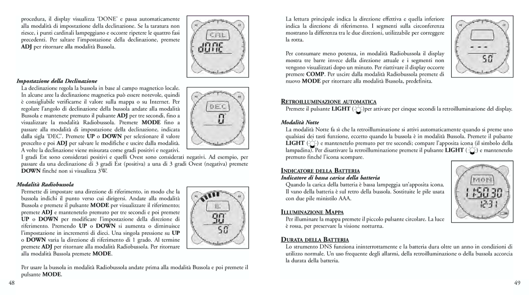 Bushnell 70-0001 instruction manual Impostazione della Declinazione, Modalità Radiobussola, Modalità Notte 