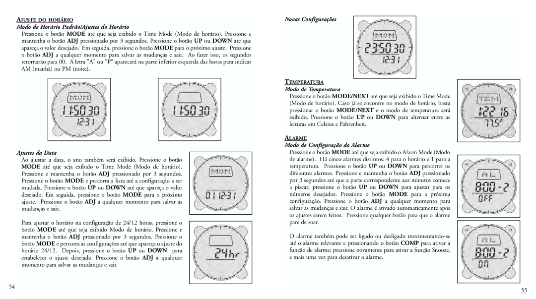 Bushnell 70-0001 Modo de Horário Padrão/Ajustes do Horário, Ajustes da Data, Novas Configurações, Modo de Temperatura 