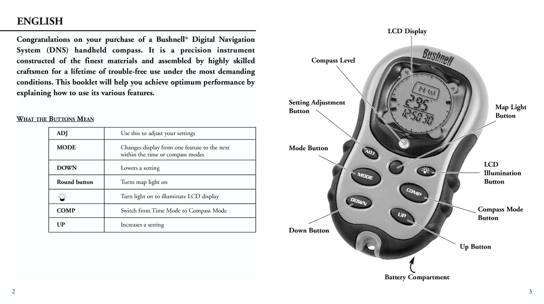 Bushnell 70-0001 instruction manual Adj, Mode, Down, Comp 