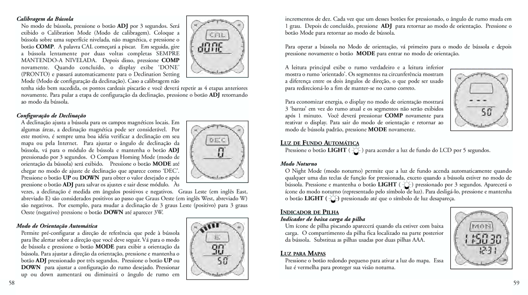 Bushnell 70-0001 Calibragem da Bússola, Configuração de Declinação, Modo de Orientação Automática, Modo Noturno 
